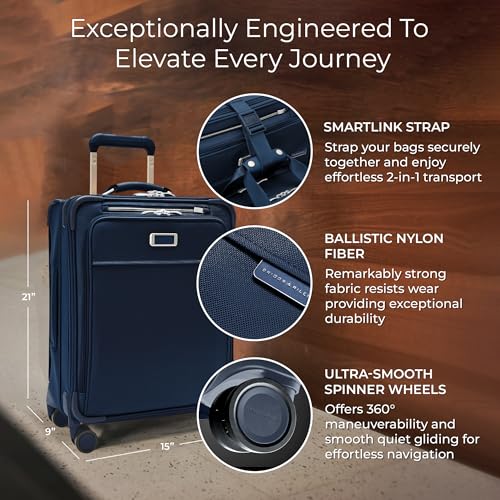 Image of Briggs & Riley Global 21 inch Carry On Expandable Spinner - Luggage for International Travel, Suitcases with Wheels, Softside Rolling Bag for Men & Women, Self-Repairing Zipper - Baseline Collection, Navy