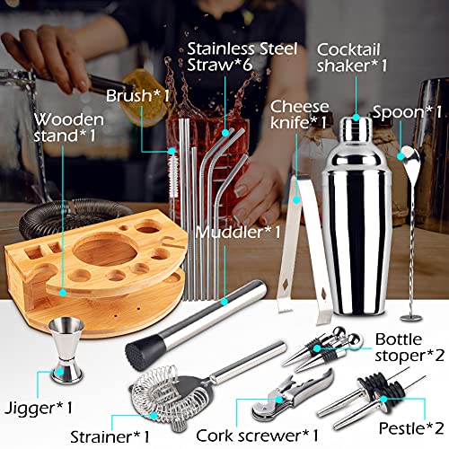 GARDOM Cocktail Making Set met Stand 19 Stuk-RVS Cocktail Shaker 750ml-Barman Kit met Jigger| Menglepel|Drank Gieten… - Afbeelding 4