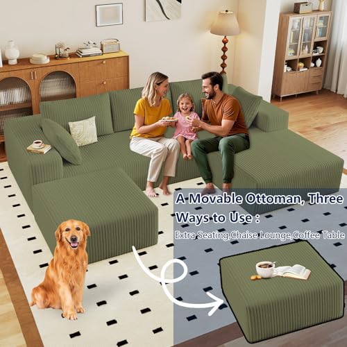 Image of 96 inch Modular Sectional Sofa with Ottoman, Modern Corduroy Cloud Couch with Deep Seat, Boneless Couch Upholstered 3-Seater U-Shaped Sofa for Living Room, No Assembly (Green, Right-Facing Chaise)