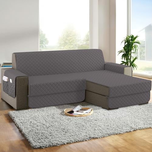 Homebliss Funda Sofa Chaise Long 200cm Izquierdo/Derecho Universal Reversible, Protector Sofa 2 Plazas Chaise Long con Brazos, Color Gris