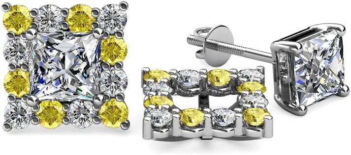 Yellow Sapphire & Natural Diamond Halo Jacket for Princess Cut Stud Earrings 0.74 ctw 14K Gold