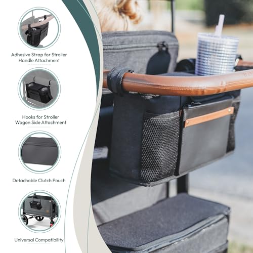 Image of WONDERFOLD Universal Parent Console Stroller Organizer with Insulated Cup Holders, Hook & Loop Closure Handle Attachment, 2 Storage Pockets, Removable Shoulder Strap for Easy Transport