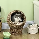PawHut Rattan Katzenkorb Katzenhöhle Katzenhütte Katzenbett mit Kissen Haustierbett Wasserhyazinthe Kaffee 40 x 37 x 51 cm