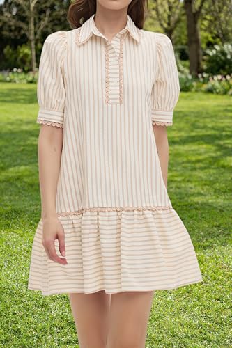 Image of EZAPINE Women Striped Shirt Dress Summer Button Down Collared Short Puff Sleeve Ruffle Hem Casual Flowy Mini Dress