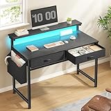 DurayLoly 31.5Inch Office Computer Desk with LED Lights & 2 Fabric Drawers, Gaming Desk with Side Pocket & Ergonomic Monitor Stand, Small Space Study Writing Table with Anti-Tip Design,Black