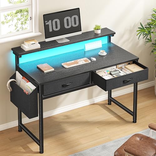 DurayLoly 31.5Inch Office Computer Desk with LED Lights & 2 Fabric Drawers, Gaming Desk with Side...
