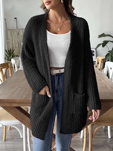 2024 Womens Solid Ribbed Knit Casual Open Front Cardigans Long Sleeve Sweater with Pocket Fuzzy Fleece Outerwear2