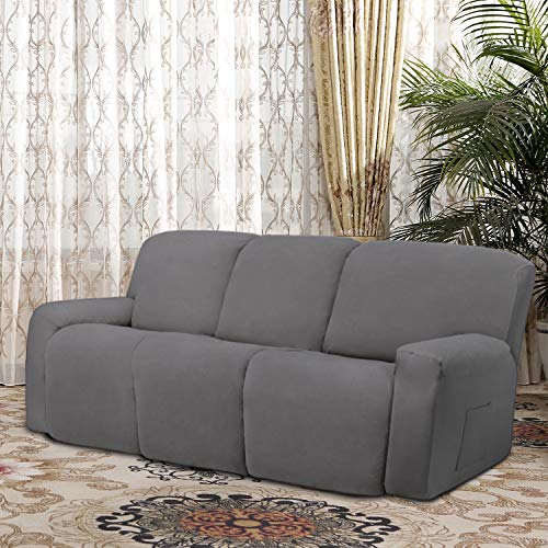 Image of Easy-Going Microfiber Stretch Sectional Recliner Sofa Slipcover Soft Fitted Fleece 3 Seats Couch Cover Washable Furniture Protector with Elasticity for Kids Pet (Light Grey, Large) - 8 Pieces