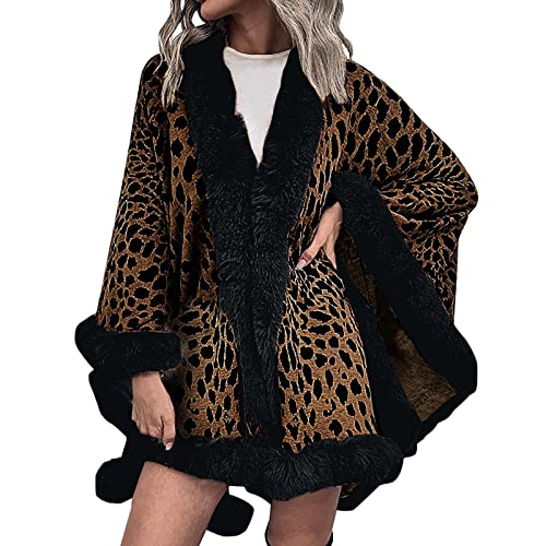 Faux Fur Shawl Wrap Womens Leopard Cape with Fur Trim Coat Bridesmaid Bolero Woolen Shrug Evening Dress Winter