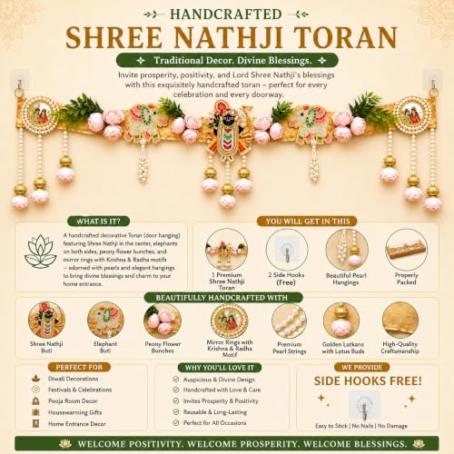 Image of Shree Nathji Door Toran|Decorative Banderwal for Main Door|Premium Beaded Wall Hanging with Elephant Motif & Pearl Latkans|Festive Home Decor for Diwali,Pooja,Wedding & Housewarming|38 Inch