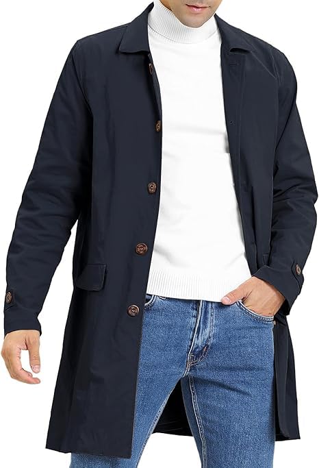 Runcati Mens Trench Coat Slim Fit Single Breasted Casual Long Jacket Lightweight Lapel Fall Windbreaker Overcoat Navy XL