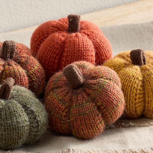 Image of Set of 5 Mini Knit Pumpkins (Spiced Maple 2.5 Inch Set) | Autumn Home Decor, Bowl Filler, Tabletop Shelf Sitter, Warm Golden Orange