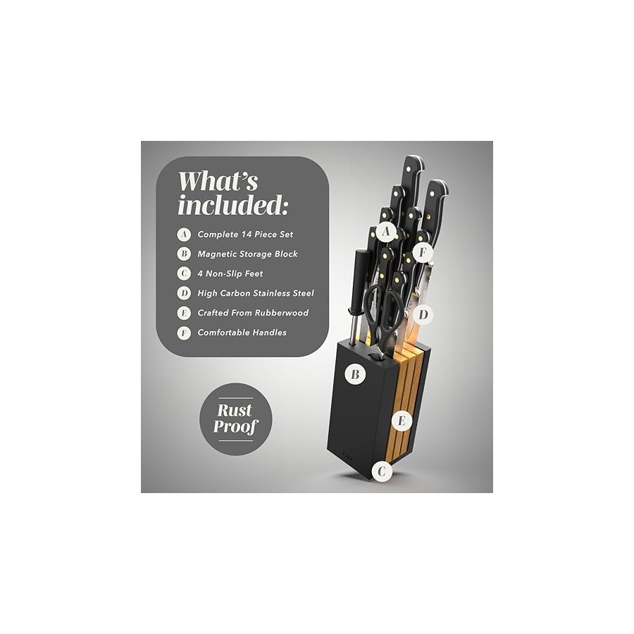 COOK WITH COLOR 14 Pieces Kitchen Knife Block Set, Knives for Kitchen, Forged Cutlery with Razor-Sharp High Carbon Steel Blades, Magnetic Block