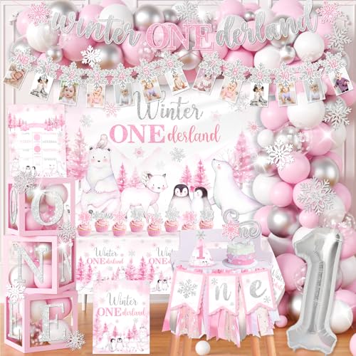 Pink Winter Onederland 1st Birthday Girl Decorations Winter Onederland Birthday Party Supplies Balloon Garland with Boxes,Backdrop,High Chair Banner,Cake Topper,Tablecloth for Girls 1st Birth Day
