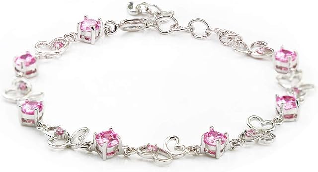findout Heart Real 18k White Gold Platinum Plating Silver Amethyst red Yellow Blue Birthday Stone Crystal Heart Bracelet,for Women Girls.(1815) (Red)