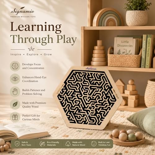 Image of SIGNAMIO Indoor Wooden Puzzle Game Hexagon Maze Ball - Engaging Mind Games for Kids & Adults, Perfect Brain Teaser & Time Pass Activity, Ideal Wooden Board Game for All Ages