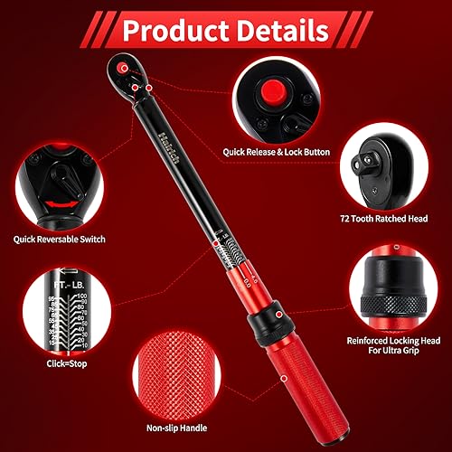 Image of Hairich 3 /8-Inch Torque Wrench, Dual-direction Torque Wrenches 10-100ft.lb /13.6-135.6Nm, 72-Tooth Dual Range Scales Torque Wrench with Quick Release Reversible Head