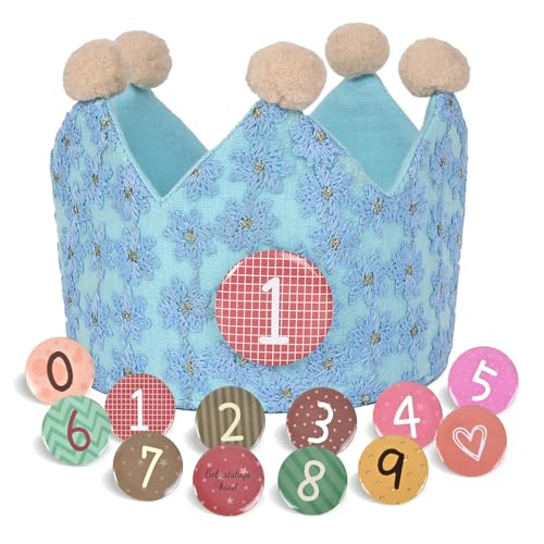SKYYUE Corona Cumpleaños Tela con Encaje, Corona de Infantil Cumpleaños, Coronas Cumpleaños Ajustable Unisex per Números Intercambiables del 0 al 9, Coronas Floral Cumpleaños para Niños Niñas (Azul)
