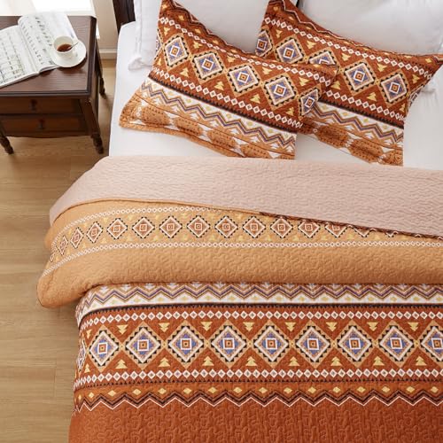 LEAONME Quilt Set Full/Queen Size 3 Piece Bedspread Coverlet Lightweight Comforter Microfiber Bedding Set All Season Oversized 90x98 Inch Bed Cover Bohemian Burnt Orange/Rust(1 Quilt,2 Pillow Shams)