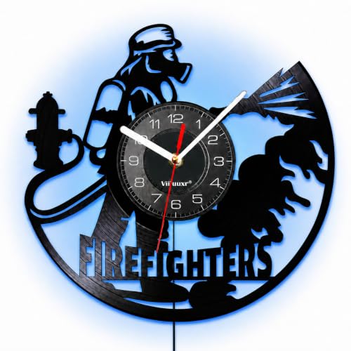 Viiluuxr Horloge Murale Vinyle Lumineuse LED 30 cm - Décoration Pompier - Silencieuse sans Tic-Tac - Télécommandée - Alimentée par USB