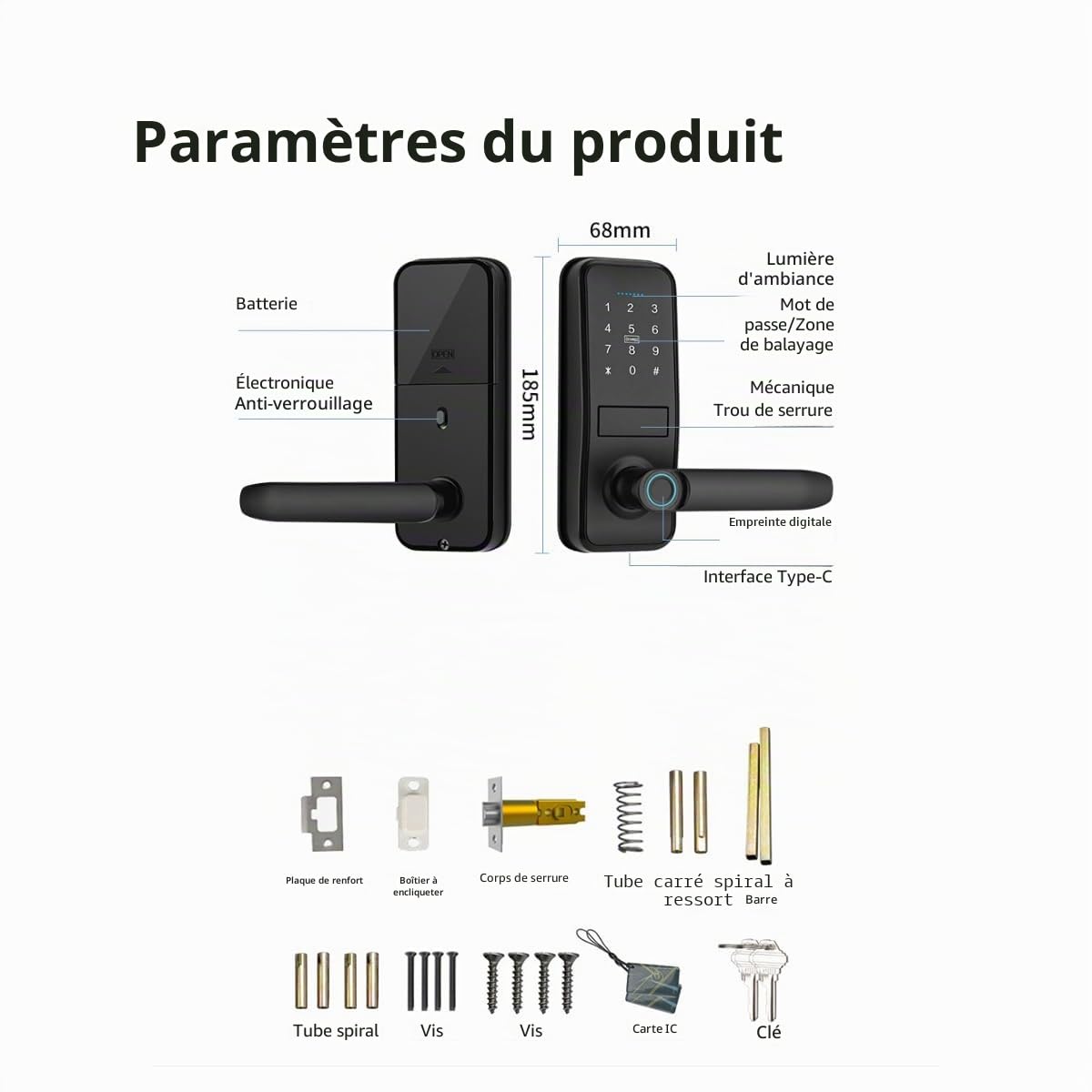 Smart Lock, Serrure de Porte d'Entrée Sans Clé Avec Poignée Noire Mate Sleek Mat, Clavier Électronique Deadbolt, Empreinte Digitale et Clavier Tactile, Verrouillage de Porte