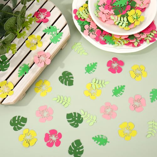 Image of Whaline 300 Pcs Summer Tropical Table Confetti Palm Leaves Hibiscus Floral Confetti Table Centerpieces for Hawaiian Luau Party Decoration