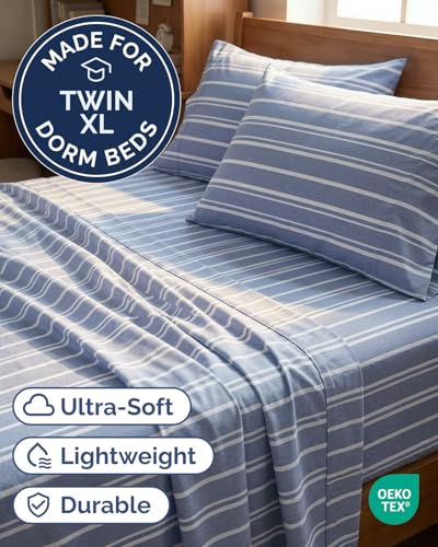 Image of Twin XL 4 Piece Sheet Set - College Dorm Room Essentials - Blue Stripes | Ultra Soft Dorm Bedding Set, 8 inch to 16 inch Inch Deep Pockets, 1 Flat & 1 Fitted Sheet & 2 Pillowcases, Wrinkle & Fade Free
