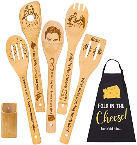 Wooden Spoon Sets for Cooking, TV Show Merchandise Fans Gift Bamboo Kitchen Utensils 7 Set - 5 X Bamboo Spoons, 1X Spoons Holder, 1X Kitchen Apron