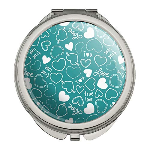 Cute Hearts Love Pattern on Teal Turquoise Compact Travel Purse Handbag Makeup Mirror