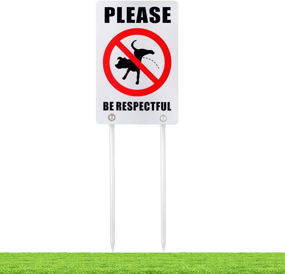 Kichwit Double Sided No Dog Peeing Yard Sign, Please Be Respectful Sign, All Metal Construction, Sign Measures 7.9" x 11.8", 14" Long Metal Stakes Included (Silver)