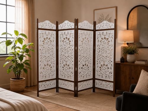 Image of Wooden Room Divider Decorative Foldable Privacy Screen Hand Carved Partition for Living Room Bedroom Office Decor (6 Feet 4 Panel Pearl White Each Panel Size 72X20 Inch)
