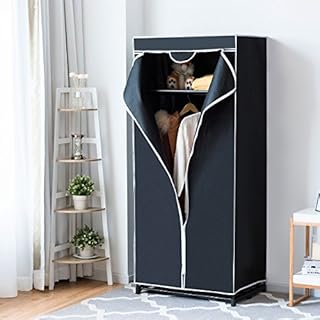Multigot Fabric Wardrobe, Portable Single Clothing Closet with Hanging Rail and Zippers, Foldable Clothes Storage Organizer for Clothes, Bags and Toys (Black)