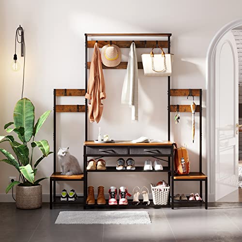 Odk Parent-Child Hall Tree With Bench And Shoe Storage, Freestanding Coat Rack With Drawers, Entryway Rack With Metal Frame And Hooks, For Entrance, Foyer, Mudroom #TOP6