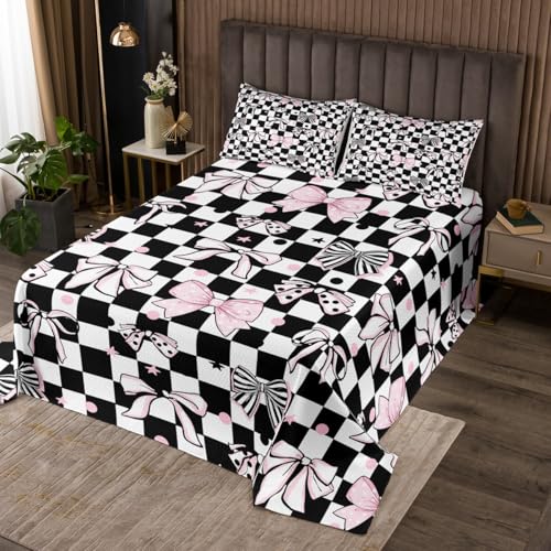 jejeloiu Cute Bow Tie Bedspread Kawaii Bowknot Bedspread for Kids Boys Girls Black White Plaid Coverlet Set Stars Print Quilted Bedroom Collection 3Pcs Queen Size