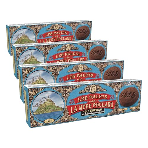 La Mère Poulard, galletas tipo palets de mantequilla y chocolate, gruesas y crujientes - Caja de 125g (Paquete de 4)