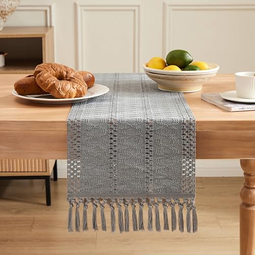 Image of ZeeMart Macrame Style Boho Table Runner, 12x90 Inch Grey | Woven Boho Table Runner with Handmade Tassels, Crochet Hollow Table Scarf, Farmhouse Kitchen Home Decor Dresser Runner