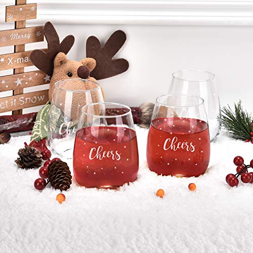 Christmas Gifts - Set Of 4 Cheers Christmas Wine Glasses With White Stars, Christmas Wine Glasses For Home Xmas Festival Party Holiday Celebration Decoration, Ideal For Women Friends Men Family 15 Oz #TOP1