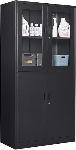 Miniatura 75 de Gabinete de almacenamiento de metal para garaje, gabinete de almacenamiento con bloqueo de 71 pulgadas con 2 puertas y 4 estantes ajustables, Negro