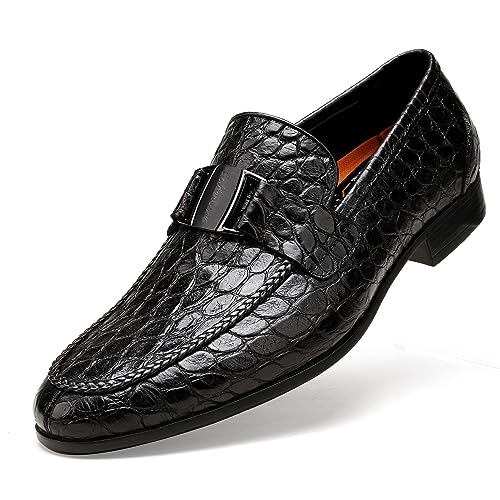 Image of Mens Leather Penny Loafers, Classic Crocodile Printed Business Dress Shoes with Metal Buckle Slip on Penny Shoes for Mens