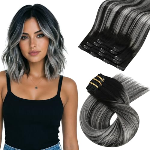 Image of Moresoo Silver Grey Hair Extensions Clip ins Human Hair Short 14 inch 80g | Human hair clip in extensions, balayage black to silver grey, 5pcs set, straight texture, light volume for short styles