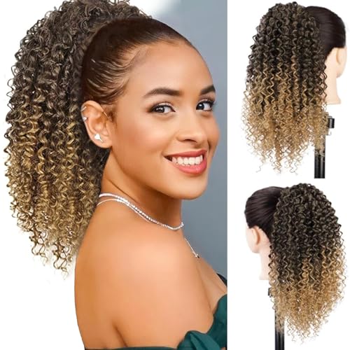 Colorfulpanda Extensiones de cabello negro/rubio cobre Afro Kinky Curly Ponytail Natural Cabello para mujeres,Coleta Postiza Extension Coleta Rizada con Cordón Cola Rizado Postizos de Pelo 40cm