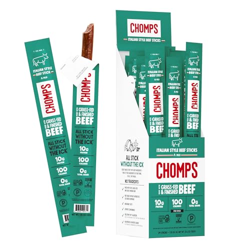 CHOMPS Grass Fed Italian Style Beef Jerky Snack Sticks, Keto, Whole30, Paleo, Gluten Free, Sugar Free, Low Carb, AIP Diet Compliant, 100 Calories,1.15 Oz, Pack of 24