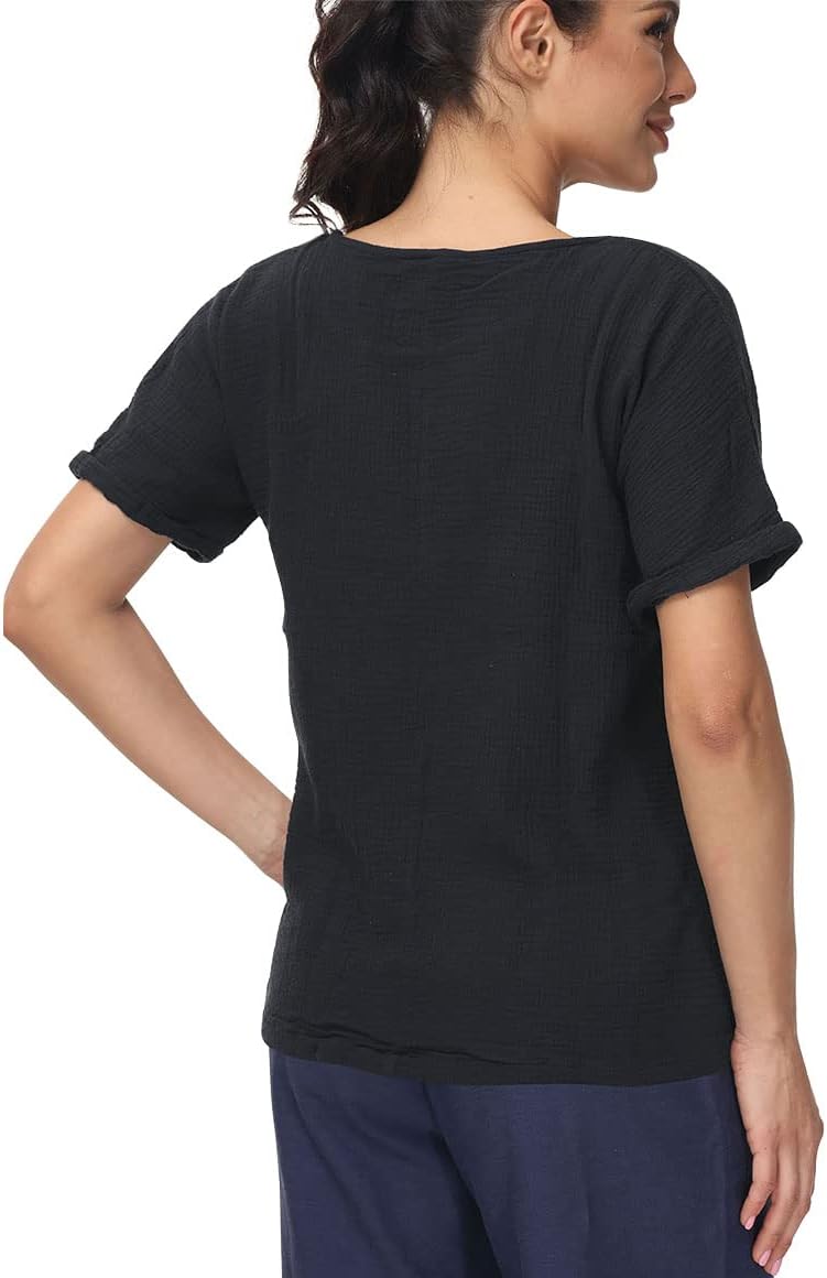 Soojun Women's Cotton Linen Round Collar Boxy Top Patchwork Blouses - Image 2