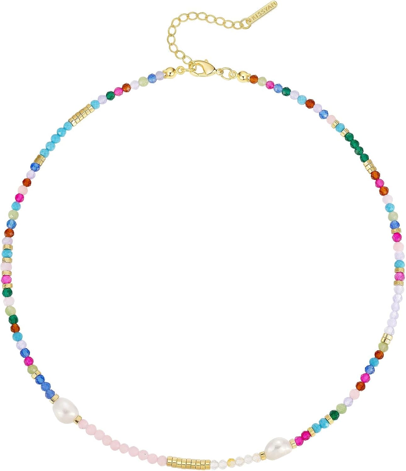 KissYan Beaded Choker Necklace for Women, Colorful Natural Gemstones Pearl Choker 14K Gold Plated Pendant Healing Crystal Necklace Handmade Stone Jewelry Gift