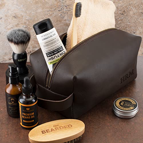 Toiletry Bag for Men, Genuine Leather Toiletry Bag w/ Initials & Names, Groomsmen Gifts for Wedding - Gifts for Dad - Custom Embossed Dopp Kit for Him - Travel Accesories for Men, Black - Medium4