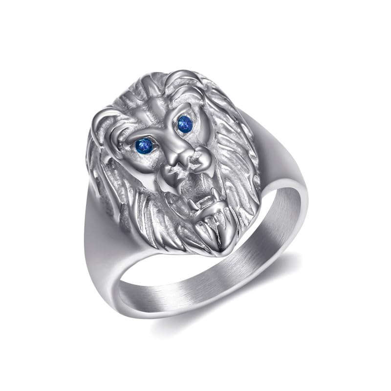 BOBIJOO Jewelry - Petite Mini Chevalière Bague Tête de Lion Enfant Femme Homme Acier Inoxydable Argenté Yeux Bleus - 58 (8 US)