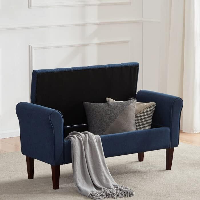 Image of Upholstered Flip Top Storage armrest Bench Ottoman pouffe Puffy Settee 2 Seater Sofa Footstool for livingroom Bedroom Office Hotel guestroom (Blue)