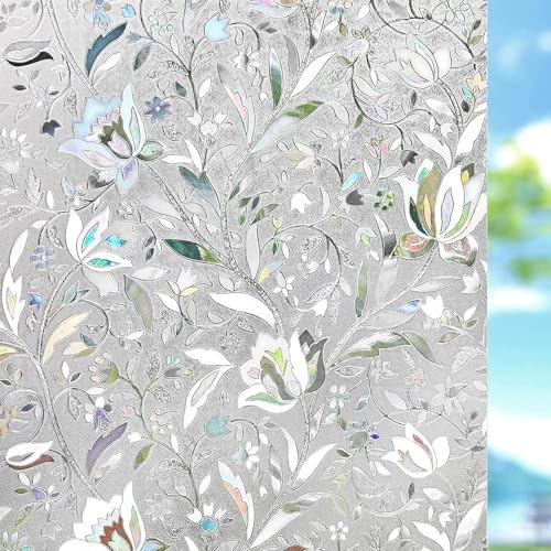 Image of Elton 3D Window Privacy Film, Lotus Rainbow Window Clings, Decorative Window Vinyl, Stained Glass Window Decals, Static Cling Window Sticker Non-Adhesive No Glue 24 x 240 inches
