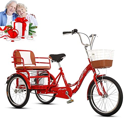 Triciclos para adultos - Bicicleta plegable de 3 ruedas con asiento trasero y canasto de compras, bicicletas de tres ruedas de 20", triciclo de crucero con doble cadena, para mujeres / adultos mayores / padres, carga máxima 386 lb, color rojo miniatura 1