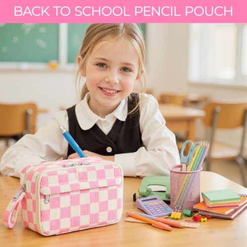 Image of WOBAGMEN Cute Pencil Case,Large Corduroy Zippered Pencil Case Pouch, aesthetic Pencil Bag with Compartments(Pink Gingham)